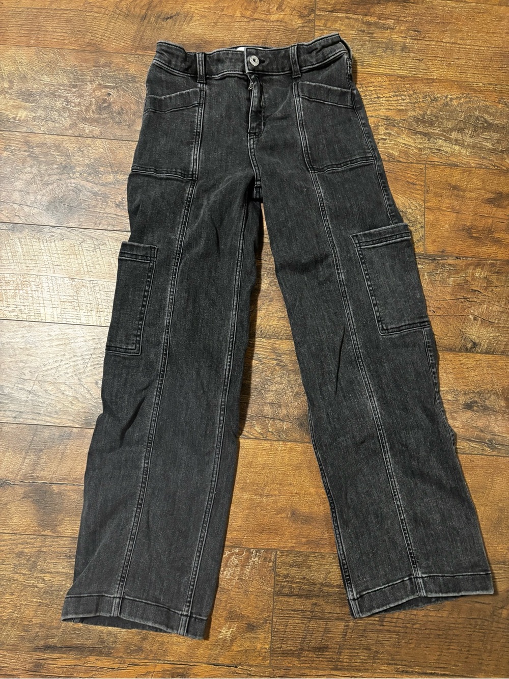 Girls Black Cargo Denim Jeans high rise wide leg